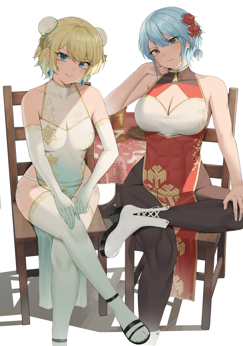 2girls alternate_costume alternate_version_available bare_thighs blonde_hair blue_eyes blue_hair breasts cleavage commission dagr_(fire_emblem) earrings elbow_gloves female female_only fire_emblem fire_emblem_heroes fjorm_(fire_emblem) flower garter_belt gloves grey_eyes hair_between_eyes hair_flower hair_ornament large_breasts looking_at_viewer medium_breasts multiple_girls nintendo nvl panties pelvic_curtain short_hair sitting smile thighhighs thighs transparent_background underwear white_panties