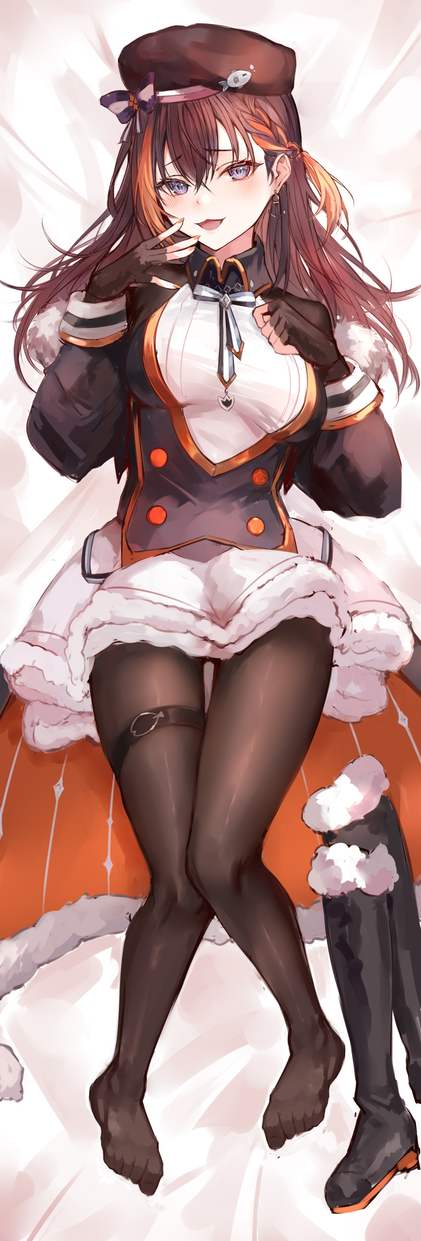 1girls beret big_breasts black_hair blue_eyes blush_lines boots boots_removed braid dakimakura dakimakura_design earring fingerless_gloves full_body fully_clothed ginga_elyka legwear naokomama nijisanji nijisanji_en petra_gurin ribbon ribbon_in_hat skintight solo solo_female solo_focus virtual_youtuber