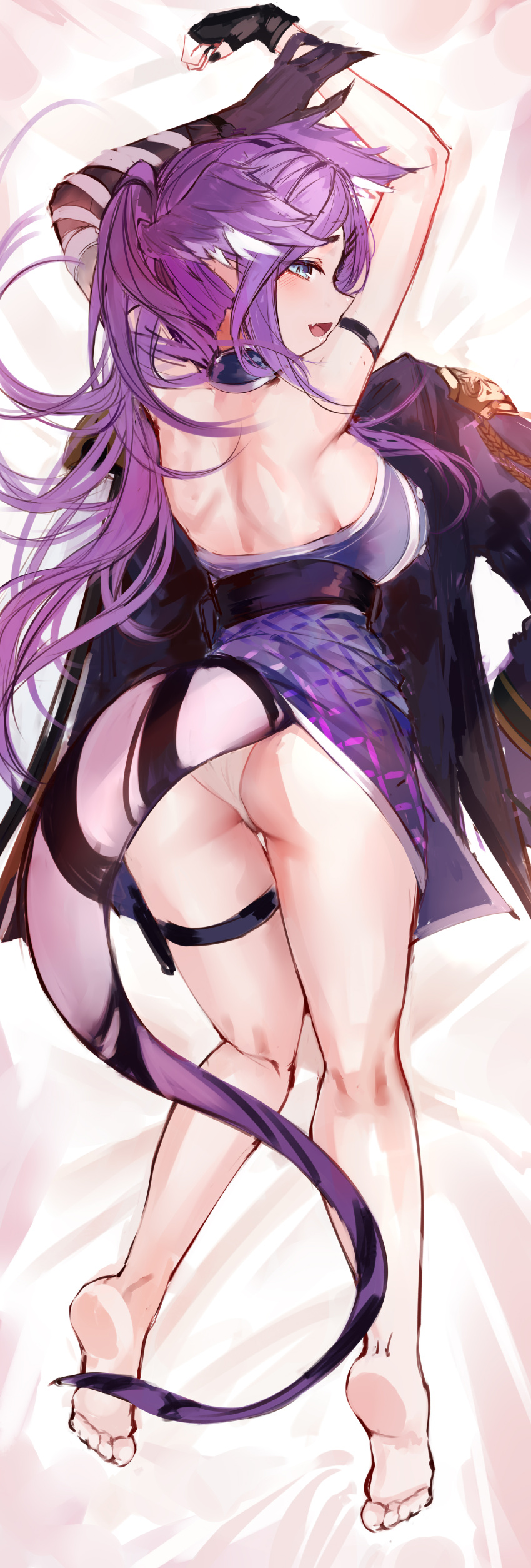 1girls arm_strap armpits ass back back_view bandage bandaged_arm bare_back barefoot big_breasts blush_lines butt coat coat_removed dakimakura dakimakura_design dragon_girl dragon_hand dragon_tail ginga_elyka hair_wings head_wings heterochromia looking_at_viewer looking_back naokomama nijisanji nijisanji_en panties ponytail purple_hair selen_tatsuki selen_tatsuki_(2nd_costume) sideboob solo solo_female solo_focus thigh_strap thighs viewed_from_behind virtual_youtuber white_panties