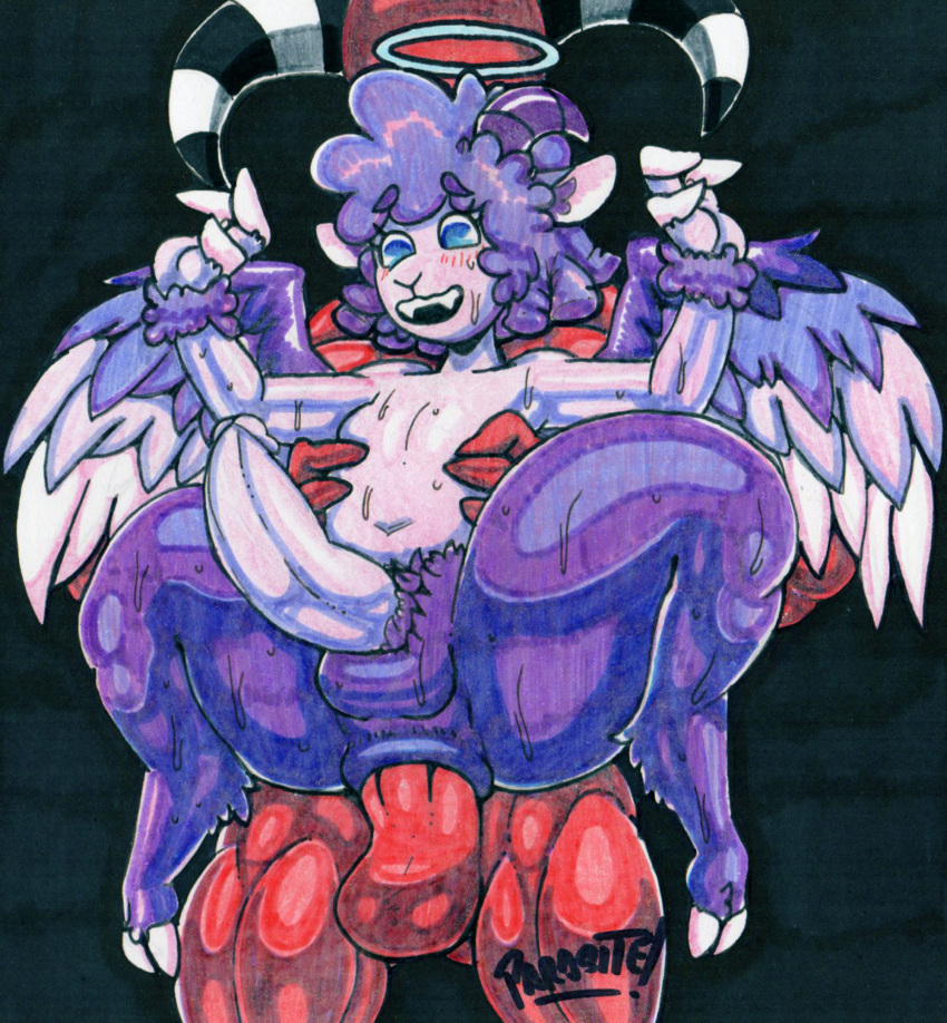 2022 anal anthro blitzo_(helluva_boss) bodily_fluids cherub collin_(helluva_boss) demon feathered_wings feathers halo helluva_boss hi_res huge_thighs male male/male parasitedeath size_difference solo sweat thick_thighs traditional_media_(artwork) wings