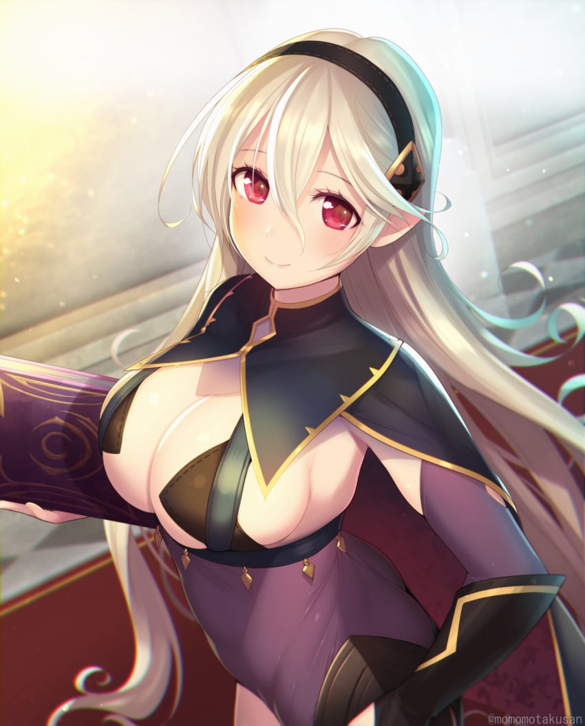 1girls alternate_costume ass black_cape blush book breasts cape cleavage collarbone corrin_(fire_emblem) corrin_(fire_emblem)_(female) cosplay dark_mage_(fire_emblem_fates) female female_only fire_emblem fire_emblem_fates grey_hair hairband highres holding holding_book indoors kashiwamochi_yomogi large_breasts leotard long_hair looking_at_viewer nintendo nyx_(fire_emblem) nyx_(fire_emblem)_(cosplay) pointy_ears red_eyes see-through sideboob skin_tight smile solo upper_body very_long_hair