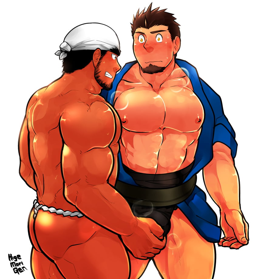 2015 2boys bara black_eyes black_hair blank_background blush blush brown_hair bulge chin_beard clenched_teeth fundoshi gay grabbing grabbing_bulge higemorigen high_resolution highres human japanese_clothes male male/male male_nipples male_only manboobs multiple_males muscles muscular muscular_male nipples simple_background tagme teeth teeth_clenched white_background white_fundoshi yaoi yellow_eyes