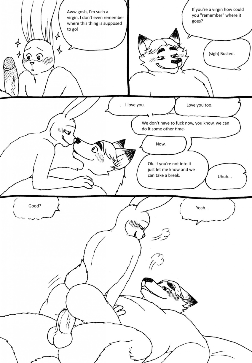 2023 anthro ass balls bernielover blush canid canine comic dialogue disney duo english_text erection fan_character fox genitals gideon_grey hi_res lagomorph leporid lying male mammal overweight overweight_male penis rabbit sex text zootopia