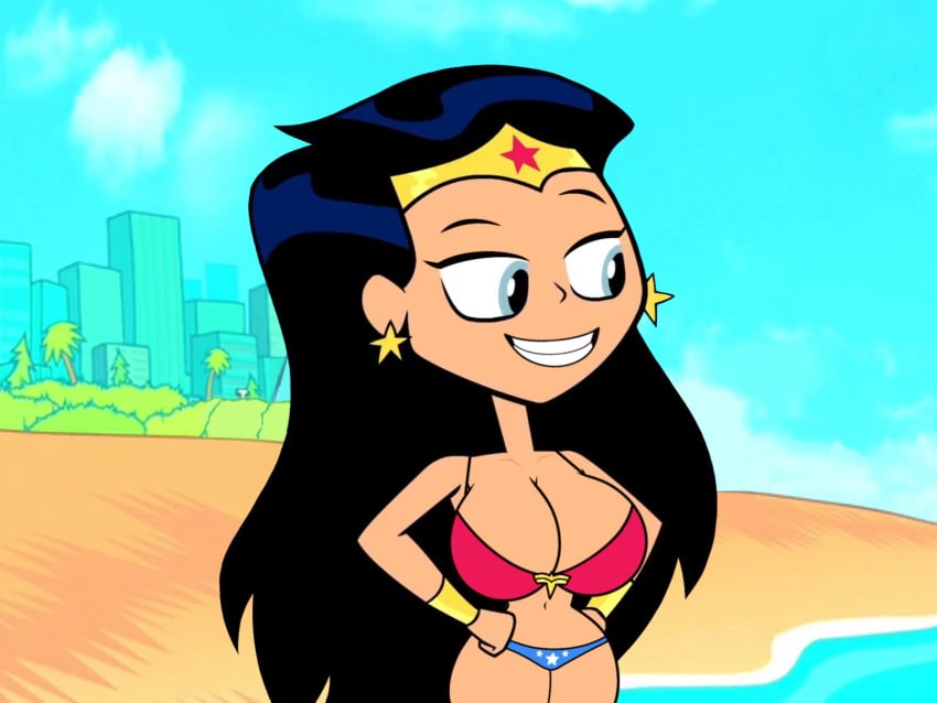 1girls accurate_art_style beach big_breasts bikini black_hair dc_comics female_only nerota nude nude_edit nude_female nude_filter photoshop red_bikini screen screen_capture screen_face screencap screenshot screenshot_edit tagme teen_titans_go third-party_edit wonder_woman wonder_woman_(series) wonder_woman_(teen_titans_go)