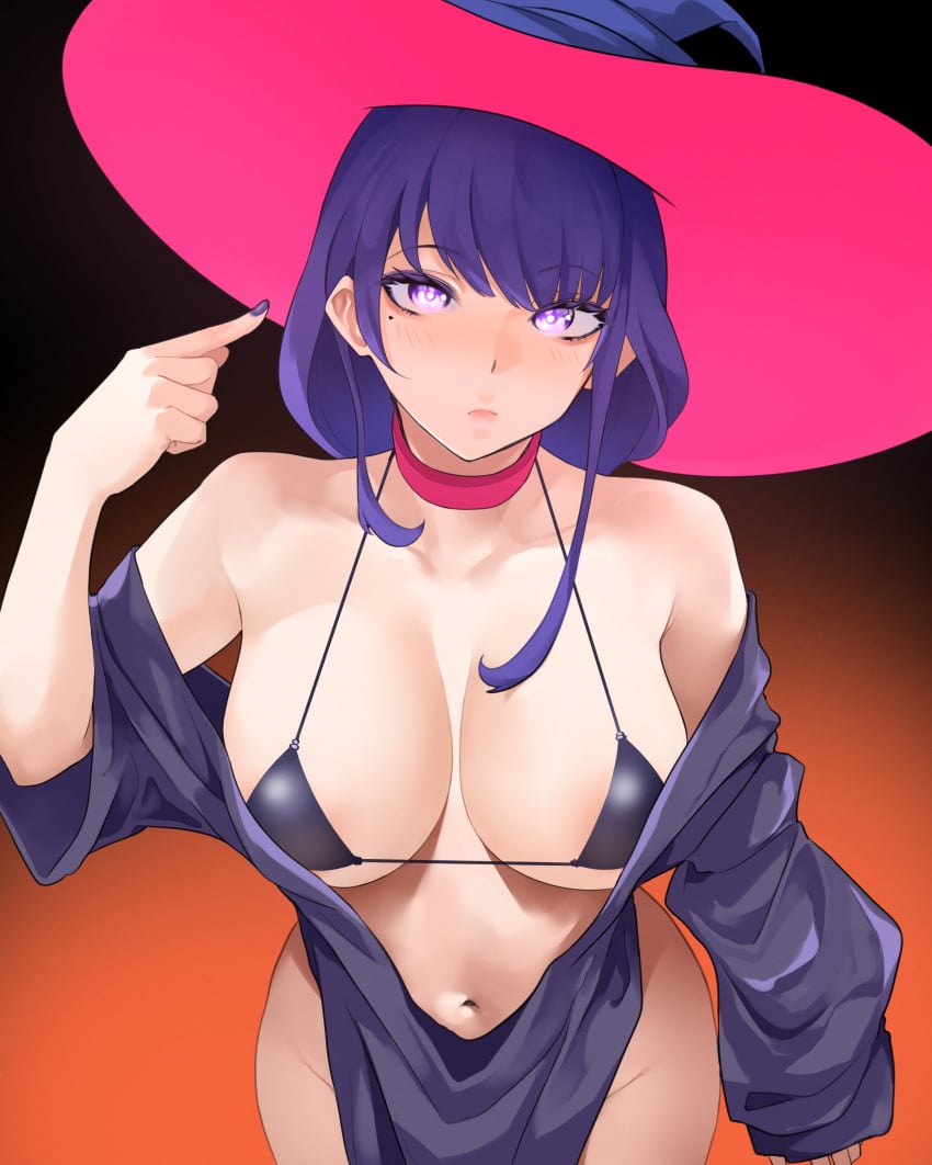 000ink 1girls absurd_res bangs bare_shoulders bikini bikini_top black_bikini_top blush breasts choker collarbone female female_only genshin_impact halloween hat highres large_breasts long_hair looking_at_viewer mole mole_under_eye nail_polish navel noir_(4chan) pointing_at_self purple_eyes purple_hair purple_nails raiden_shogun solo swimsuit thighs very_long_hair witch_hat