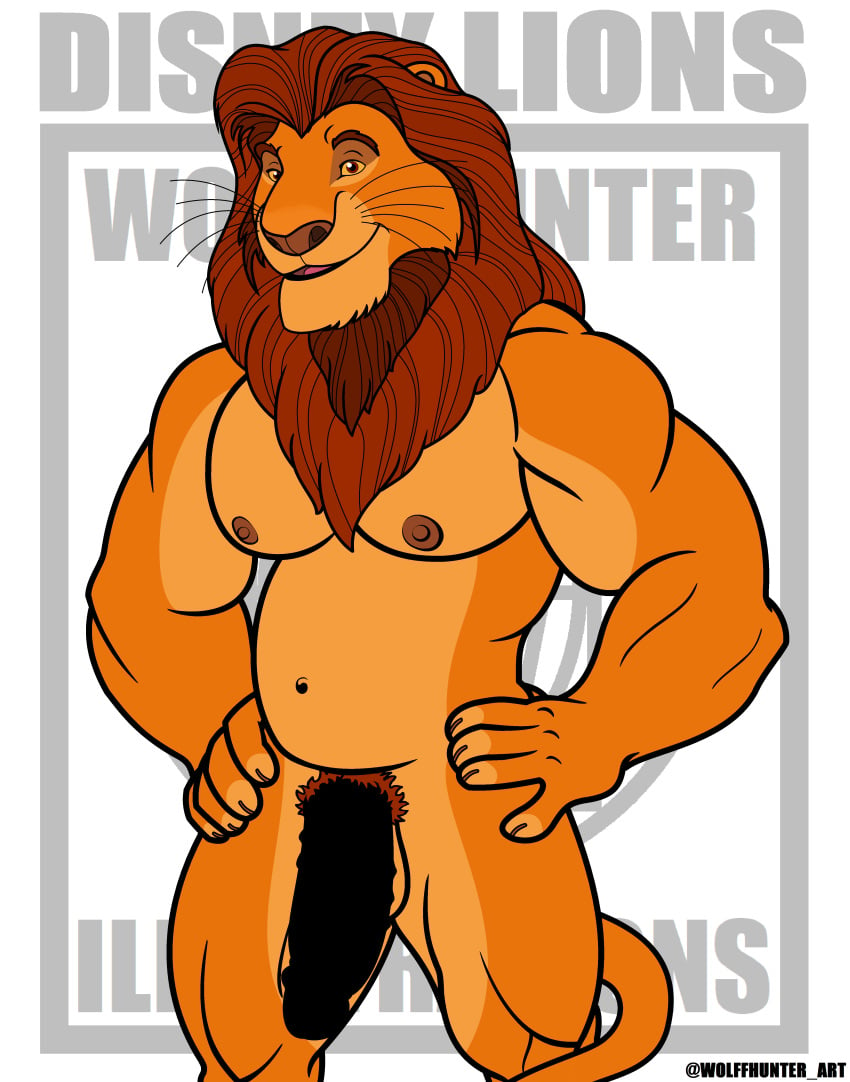 1boy abs balls_outline big_penis cartoony censored_penis disney erection facial_hair furry male male_nipples male_only male_pubic_hair masculine mature_male mufasa muscles muscular_male pecs smile smooth_skinned_male solo the_lion_king veiny_penis white_background wolffhunter_art yellow_body