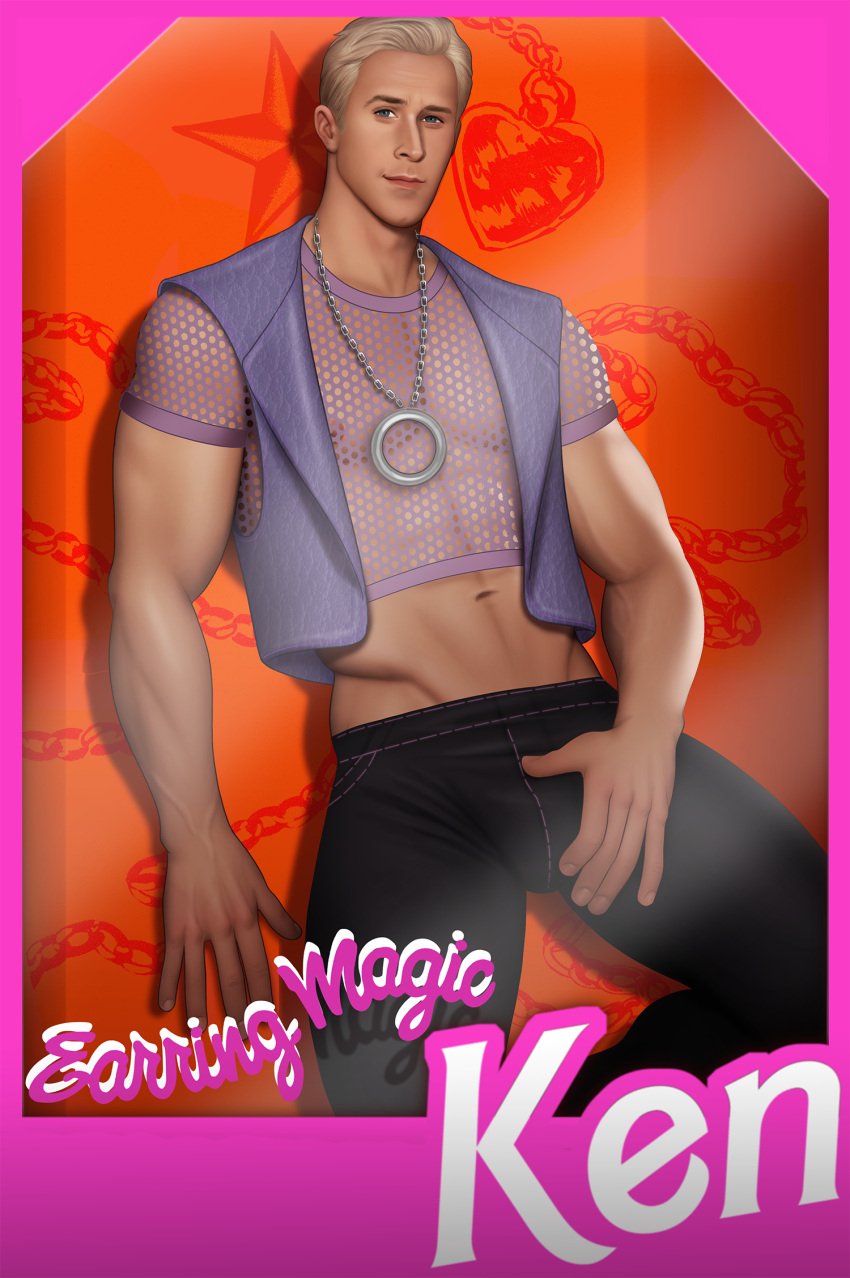 actor barbie_(2023) barbie_(franchise) bulge celebrity crop_top crotch_grab drawnpr0n english_text ken_carson looking_at_viewer male male_only mesh_shirt muscles muscular muscular_male ryan_gosling solo_male