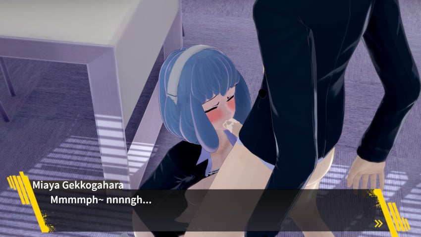 3d ass blowjob bottomless bottomless_male bra cum cum_in_mouth danganronpa danganronpa:_trigger_happy_havoc danganronpa_1 danganronpa_3 dialogue ejaculation exposed_ass koikatsu miaya_gekkogahara naegi_makoto no_panties open_clothes penis playerfrazier straight_hair