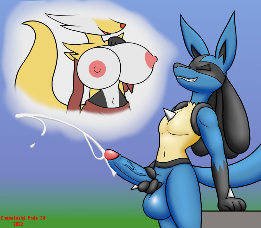 anthro balls big_balls big_breasts big_penis bodily_fluids breasts chameloshi clenched_teeth closed_eyes cum delphox duo ejaculation female generation_4_pokemon generation_6_pokemon genital_fluids genitals lucario male male/female masturbation nintendo nipples penis penis_grab pokemon pokemon_(species) spikes spikes_(anatomy) teeth thought_bubble vein veiny_penis video_games