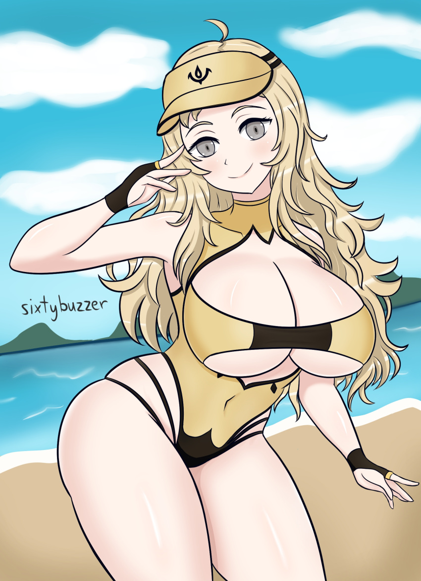 1girls aged_up ahoge alternate_costume ass bare_thighs beach blonde_hair breasts cap cleavage covered_navel day female female_only fingerless_gloves fire_emblem fire_emblem_fates gloves grey_eyes hat hourglass_figure large_breasts long_hair looking_at_viewer nintendo ocean one-piece_swimsuit ophelia_(fire_emblem) outdoors sixtybuzzer smile solo swimsuit thick_thighs thighs underboob visor_cap yellow_one-piece_swimsuit yellow_swimsuit