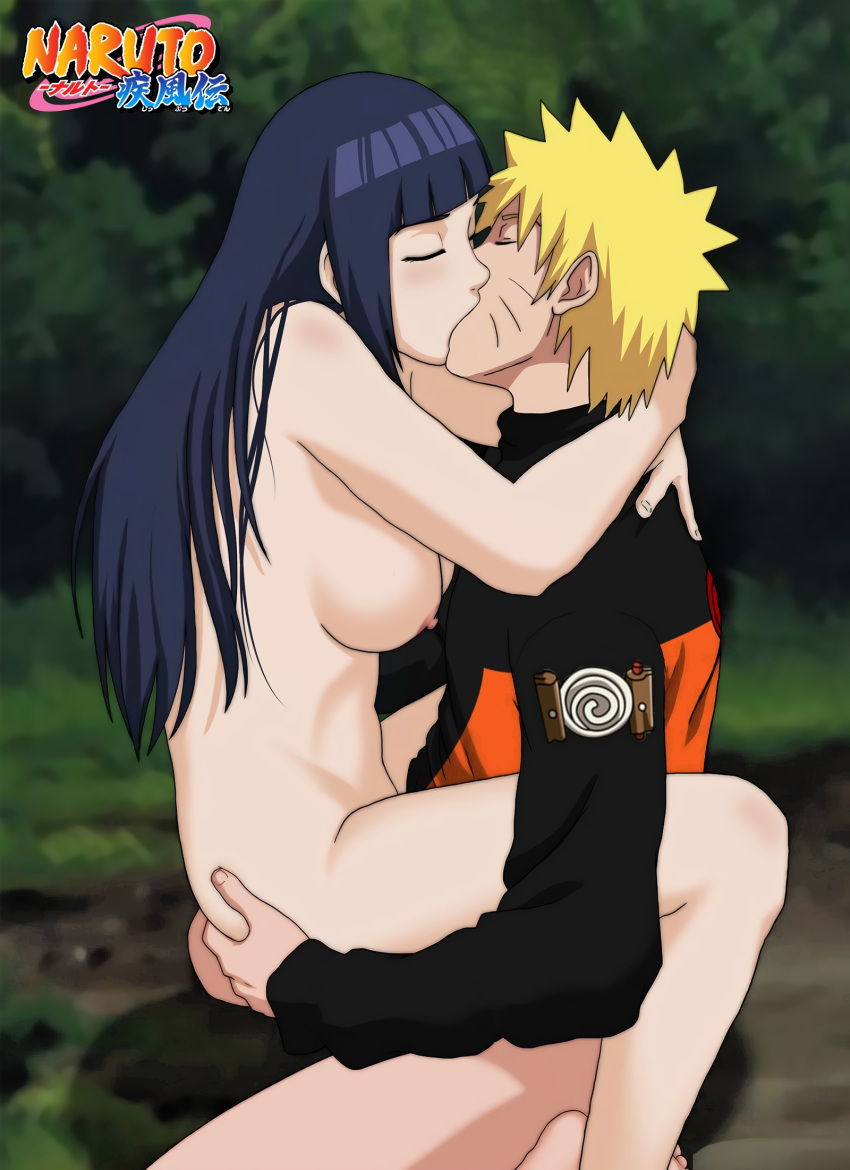 arms_around_neck barely_clothed big_breasts blue_hair blush canon_couple couple forest hyuuga_hinata kissing lotus_position naruhina naruto naruto_shippuden nude nude_female outdoors romantic uzumaki_naruto