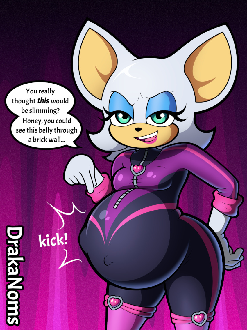 1girls anthro bat_ears bat_wings bodysuit chiropteran drakanoms eyeshadow fetal_movement furry green_eyes outie_navel pointing pregnant ready_to_pop rouge_the_bat sega smile sonic_(series) sonic_prime text white_fur white_hair