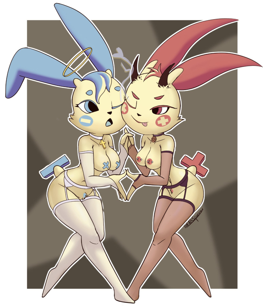 2girls angel choker demon demon_girl devil devil_horns female female_only garter garter_belt garter_straps halo lingerie minun mouse multiple_girls necklace plusle pokemon pokemon_(species) shortstack twins