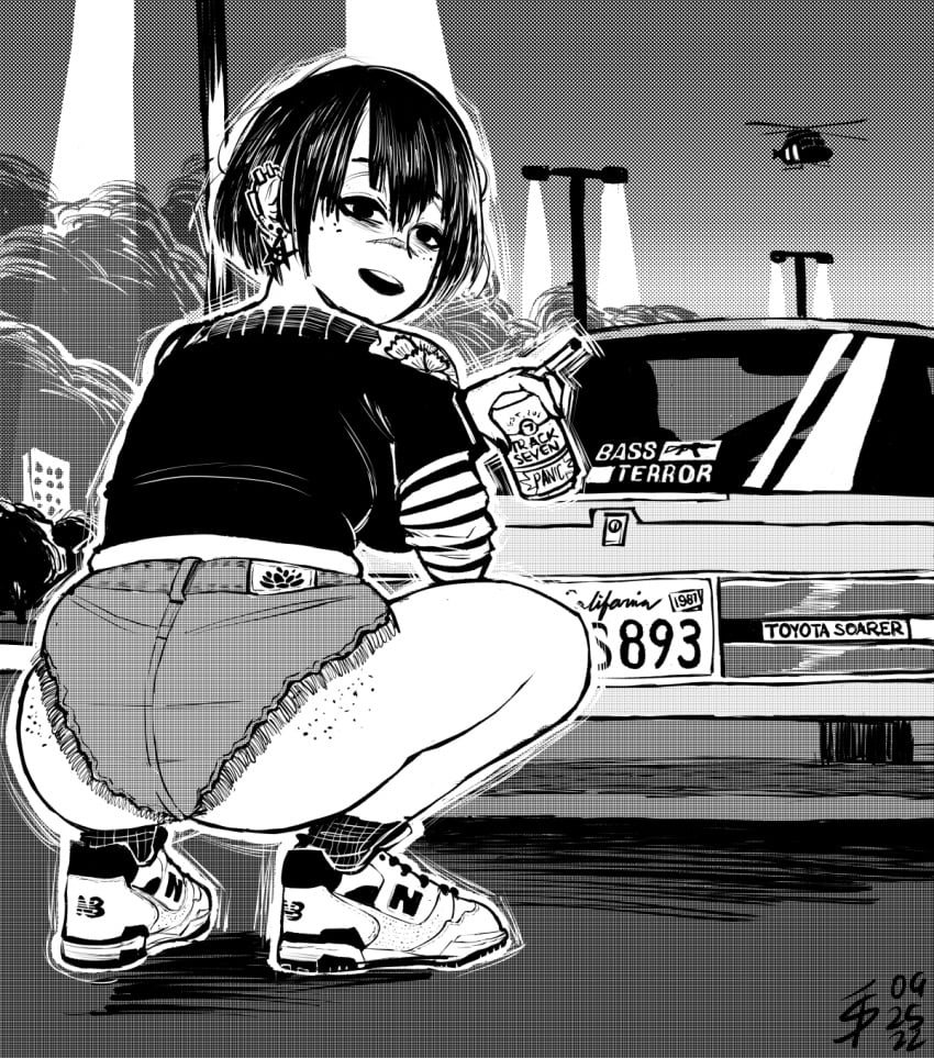 1girls black_and_white black_hair car crouch crouched crouching dark_hair ear_piercing earring earrings fat_ass female female_only freckles_on_ass oc original original_character piercing pov ryona_(tomboy_sama) scar short_hair squatting tagme thick thick_ass thick_thighs tomboy tomboy_sama vehicle yakuza_boss yakuza_girl