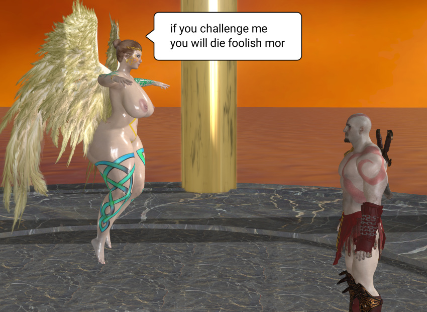 3d ass big_ass big_breasts big_butt breasts female fight flying god_of_war kratos natsa nude oil oiled oiled_slin pussy tattoo text thick thick_thighs valkyrie white_eyes wings