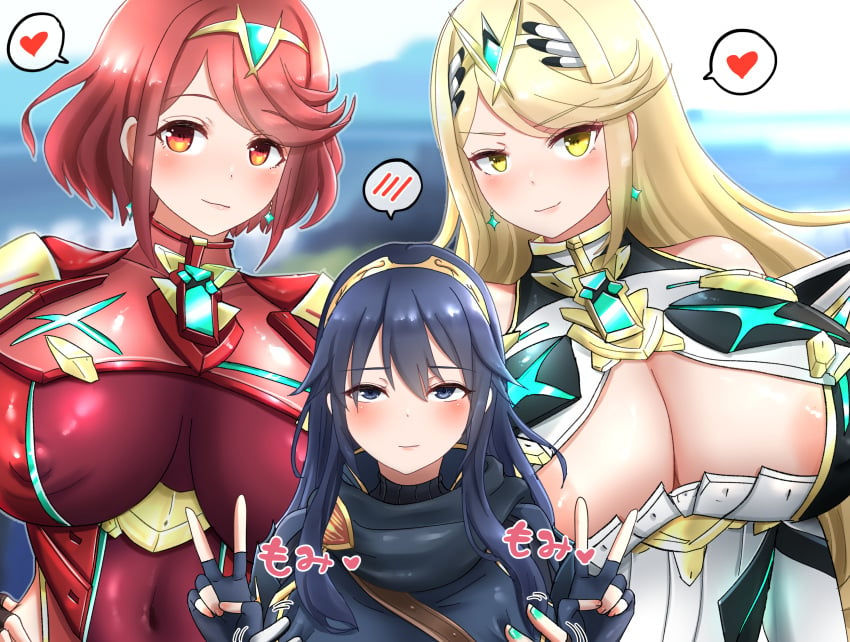 3girls areolae areolae_slip blonde_hair blue_eyes blue_hair breast_grab breasts cleavage clothed clothing covered_nipples double_breast_grab double_v female female_only fingerless_gloves fire_emblem fire_emblem_awakening fully_clothed gloves green_nails groping huge_breasts human japanese_text large_breasts light-skinned_female light_skin long_hair looking_at_viewer lucina_(fire_emblem) mythra_(xenoblade) nail_polish nintendo outdoors pyra_(xenoblade) red_eyes red_hair short_hair sound_effects standing super_smash_bros. text tiara translation_request v very_long_hair villiers_hyunou xenoblade_(series) xenoblade_chronicles_2 yellow_eyes