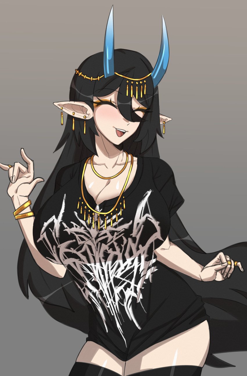 1girls 2022 absurd_res big_breasts black_hair black_metal blue_horns bracelet closed_eyes earrings eyeshadow female female_only grey_background happy isotoxal jewelry light-skinned_female light_skin long_hair mira_(isotoxal) oni oni_horns orange_eyeshadow pointy_ears smile solo t-shirt