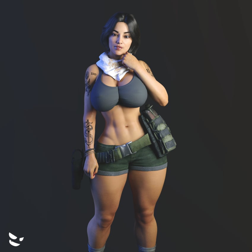 1girls 3d abs big_breasts black_hair brown_eyes call_of_duty call_of_duty_modern_warfare_2_(2022) cleavage fit fit_female gm_studios midriff short_shorts shorts solo tan-skinned_female tan_body tan_skin tan_skinned_female tattoo thick_thighs valeria_garza wide_hips