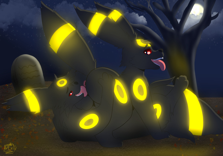 2022 69_position absurd_res anal anus ass asvinkart-34 balls butt_grab canid canine cemetery cloud dark_grey_fur dark_pupils digital_drawing_(artwork) digital_media_(artwork) duo eeveelution feral fluffy fluffy_tail fur generation_2_pokemon genitals hand_on_butt hi_res licking light looking_at_another looking_at_partner looking_pleasured male male/male mammal moon moonlight narrowed_eyes night nintendo oral paws plant pokemon pokemon_(species) red_eyes rimming sex snout teeth tombstone tongue tongue_out tree umbreon video_games yellow_body yellow_fur