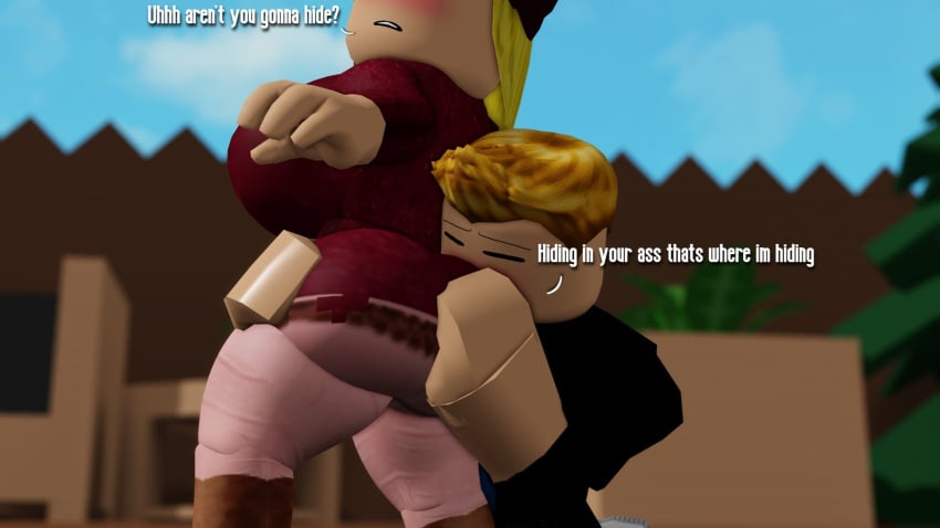 1boy 1girls 3d ass big_ass big_breasts blushing dialogue english_text ethan_(hide_and_seek_extreme) hide_and_seek_extreme pinkishpinkas roblox roblox_game robloxian sniffing_ass sophia_(hide_and_seek_extreme) tagme text