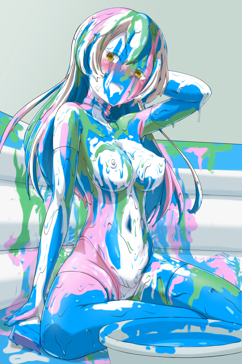 1girls 2022 bikini bikini_bottom bodypaint bowl breasts brown_eyes choker clothing covered_in_paint elbow_gloves female gloves hair hand_behind_head harumamessy long_hair looking_at_viewer messy navel nipples open_mouth paint paintbrush sitting solo stockings swimsuit topless wam