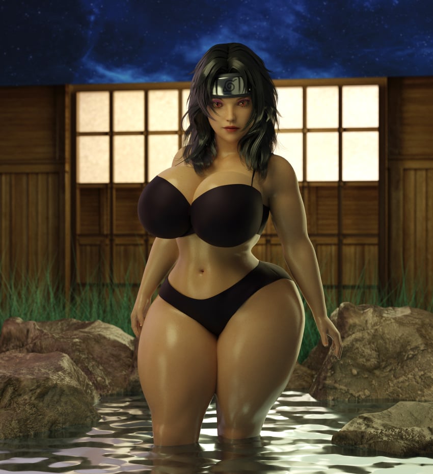 1girls 3d big_breasts bikini black_hair breasts cleavage cursedmadara female female_only fully_clothed hot_spring kunoichi kurenai_yuhi long_hair naruto naruto_(series) naruto_shippuden ninja onsen red_eyes revealing_swimsuit solo swimsuit voluptuous wide_hips yuuhi_kurenai