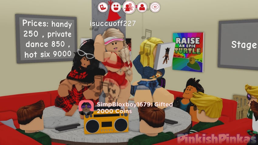 3d 3girls artist_name clothed english_text female_focus game_ui meepcity multiple_boys noodle_hair party pinkishpinkas roblox roblox_avatar roblox_game robloxian strippers tagme text thighs underboob watermark