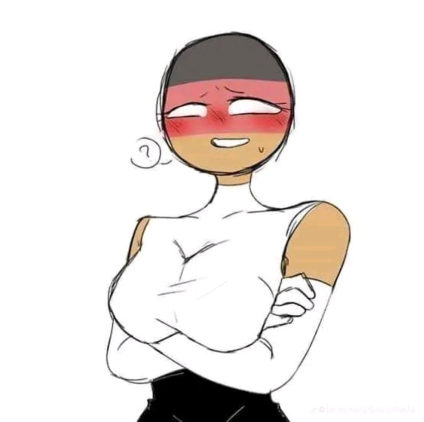 black_shorts blush breasts clothed countryhumans countryhumans_girl germany germany_(countryhumans) question_mark white_shirt