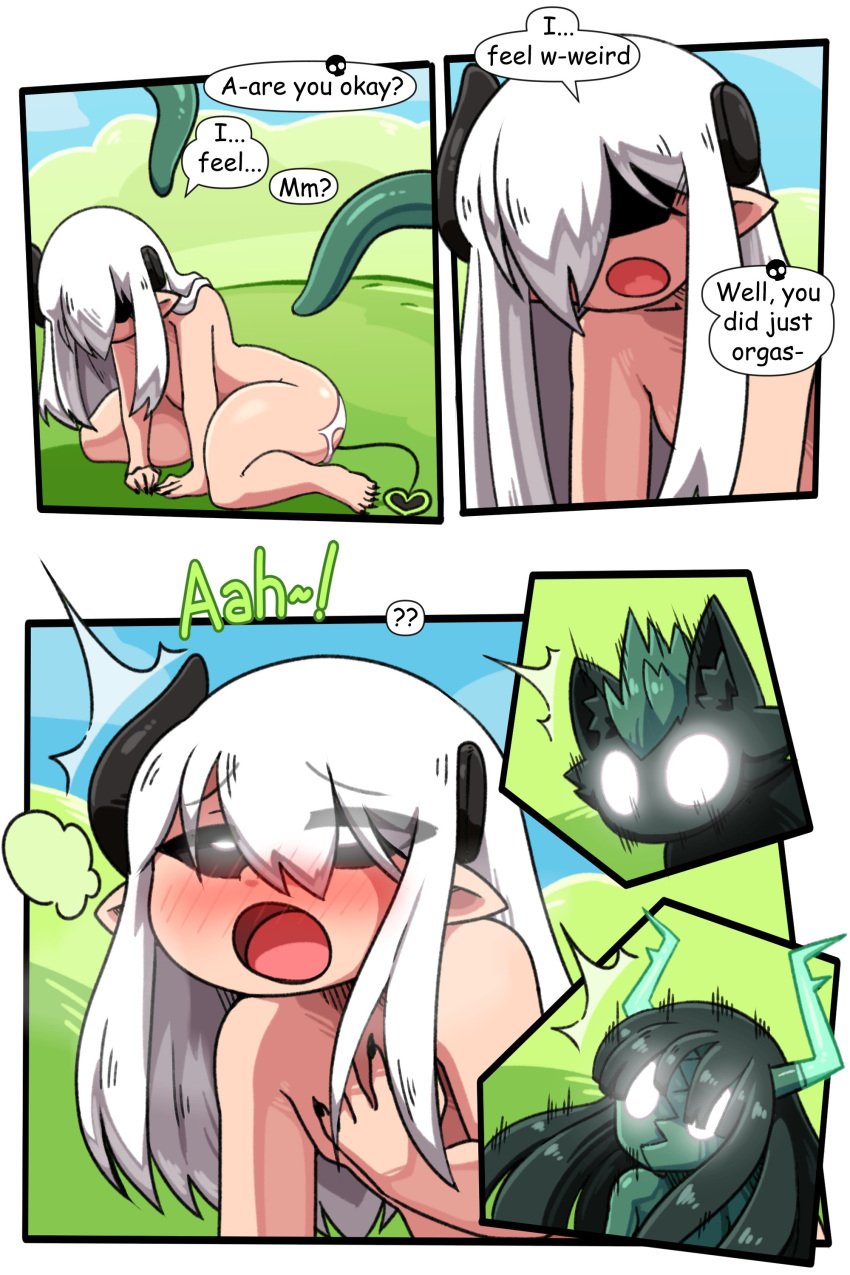 absurd_res ass big_ass black_sclera blush bodily_fluids comic cum cum_on_butt demon demon_humanoid dialogue english_text femboy feral genital_fluids green_eyes hair hi_res humanoid levi_(the_yeager) male_only nude spade_tail tentacle text text_bubble the_yeager thick_thighs white_hair wide_hips