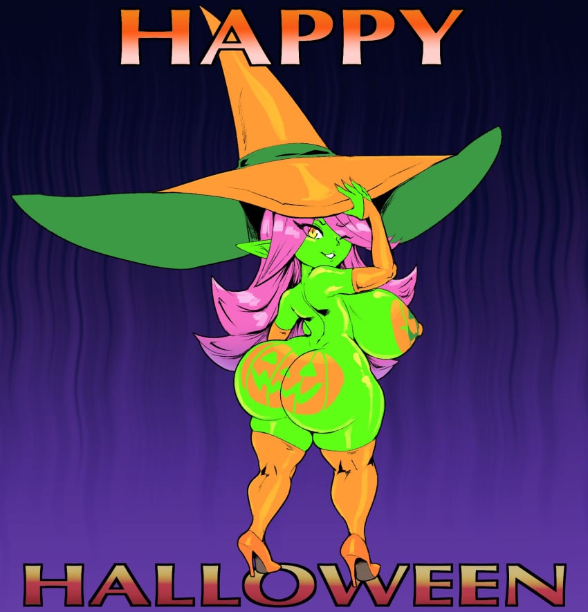 1girls ass ass_focus big_ass big_breasts big_hat body_paint breasts dart_(thecon) female female_only footwear goblin goblin_female green_body green_skin halloween halloween_costume hat heels high_heels long_hair looking_at_viewer looking_back one_eye_closed original original_character pink_hair pointy_ears pumpkin pumpkin_boobs pumpkin_butt shortstack simple_background smile solo thecon thick_thighs thighhighs voluptuous voluptuous_female wide_hips wink winking_at_viewer witch_hat yellow_eyes