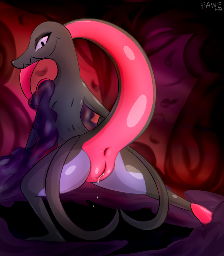 2022 anthro anus ass bodily_fluids digital_drawing_(artwork) digital_media_(artwork) fawe female feral generation_7_pokemon genitals hi_res looking_at_viewer nintendo nude pokemon pokemon_(species) pussy reptile salazzle scalie shaded signature solo video_games