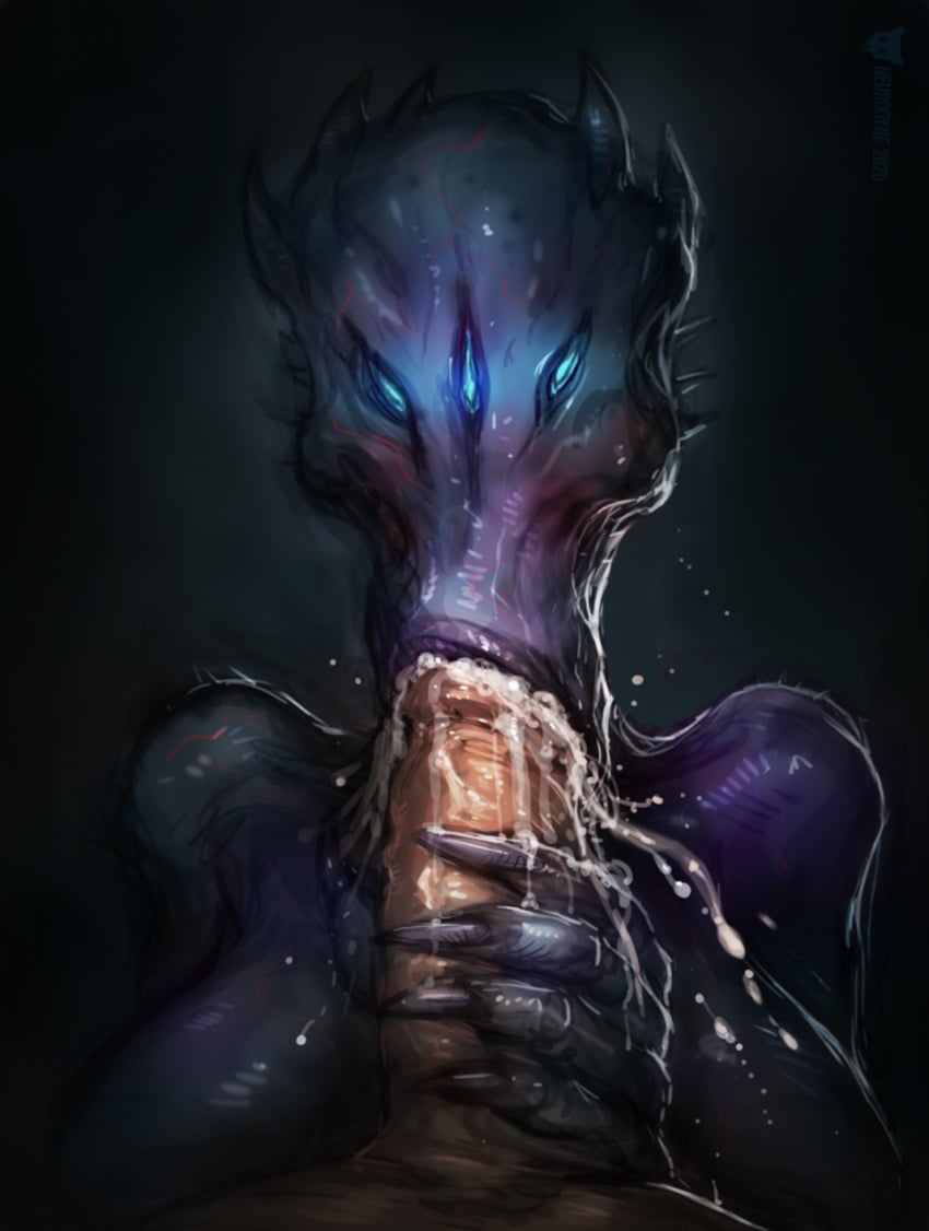 alien alien_girl athletic_female big_breasts blowjob breasts claws cum cum_in_mouth cum_on_breasts cum_on_hand fellatio human human_penetrating light-skinned_male monster_girl neurodyne purple_skin sleep_paralysis_demon