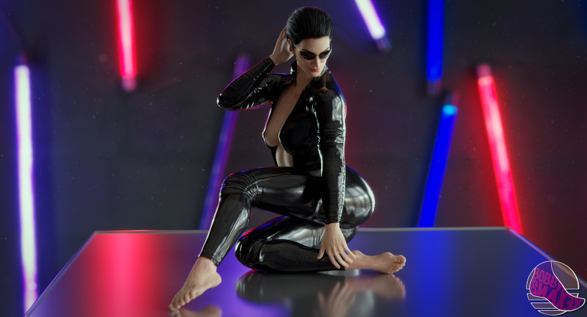 1girls 3d 3d_(artwork) blender blender_(software) bobbysnaxey carrie_anne_moss feet female female_only latex latex_suit mature_female pinup short_hair solo sunglasses the_matrix tinted_eyewear trinity_(the_matrix)