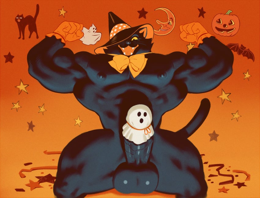 abs bara biceps black_fur dirtyyeen fangs feline flexing flexing_arms flexing_bicep flexing_muscles furry ghost gloves gloves_only halloween hat_only legs_apart legs_spread male male_focus male_only mezcal muscle muscles muscular muscular_arms muscular_ass muscular_back muscular_legs muscular_male muscular_thighs nipples open_mouth pecs ribbon shoegaze. smile spread_legs thick_thighs veins veiny_penis witch_hat