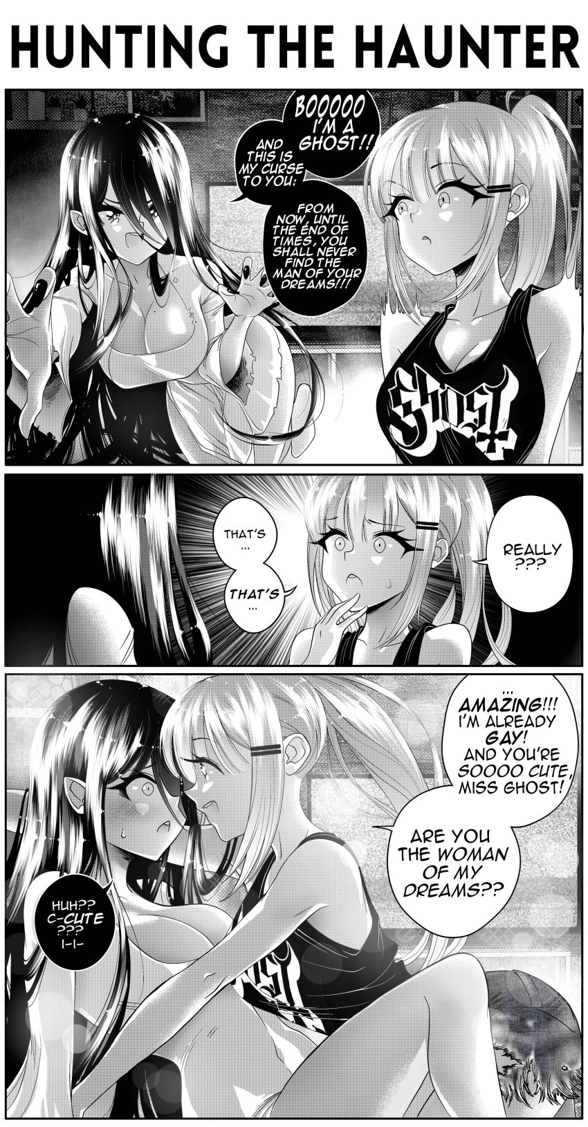 2girls big_breasts black_hair blush breasts comic cute english_text female female_only ghost ghost_(band) ghost_girl grs- happy happy_female homosexual homosexual_female human lesbian monster_girl original surprised text_bubble the_ring tv wholesome yamamura_sadako yuri