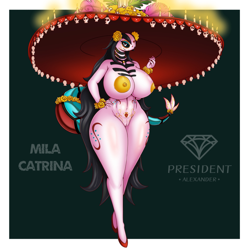 accessory anthro areola big_areola big_breasts black_eyes black_hair bodypaint bone breasts candel day_of_the_dead dia_de_los_muertos female flower flower_in_hair generation_3_pokemon genitals hair hair_accessory hi_res huge_breasts mila_(president_alexander) milotic nintendo nipples nude plant pokemon pokemon_(species) president_alexander pussy skull solo thick_thighs video_games white_body yellow_nipples