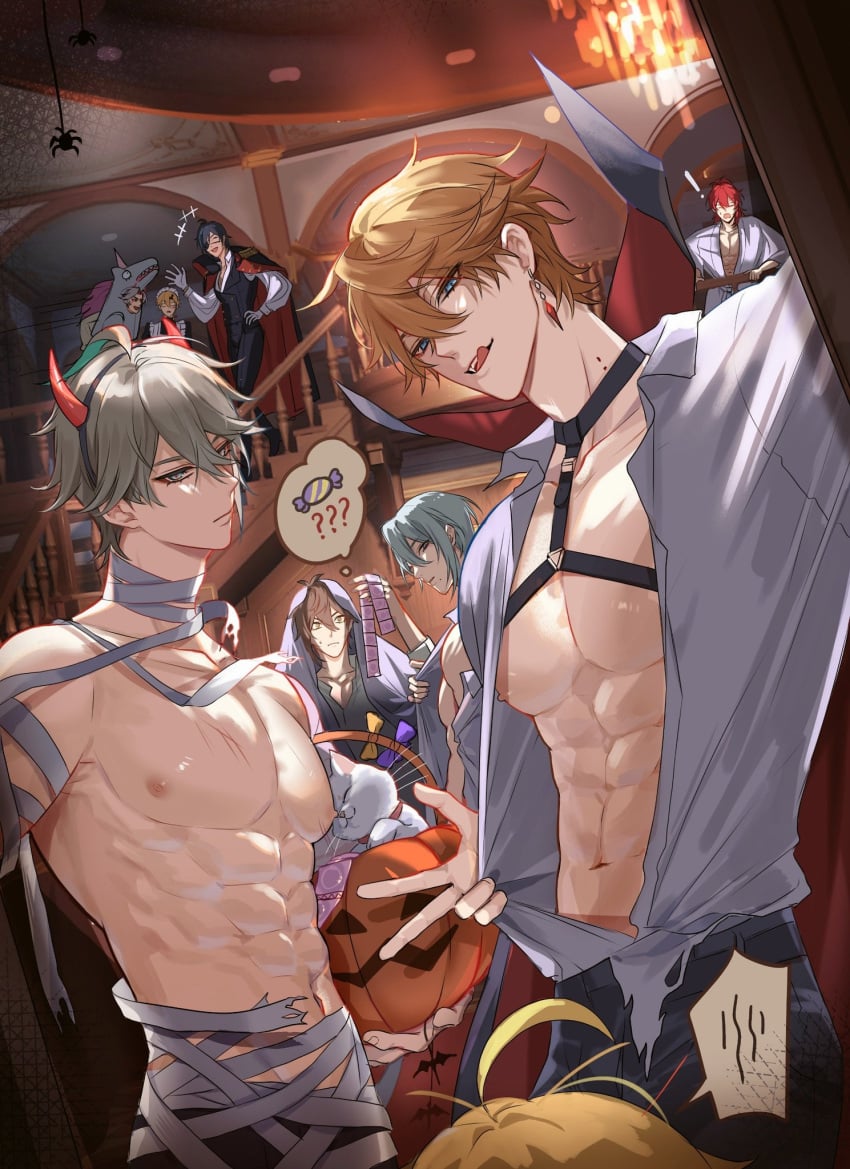 abs aether_(genshin_impact) alhaitham_(genshin_impact) arataki_itto bandage big_chest candy childe_(genshin_impact) condom diluc_(genshin_impact) earrings eye_patch eyepatch genshin_impact halloween halloween_costume human_only kaeya_(genshin_impact) kamisato_ayato male male_focus male_only multiple_boys multiple_views mummy mummy_costume muscular muscular_male nipples open_door party pecs pnk_crow pov pumpkin scar six_pack tartaglia_(genshin_impact) thoma_(genshin_impact) torn_clothes unicorn vampire yaoi zhongli_(genshin_impact)