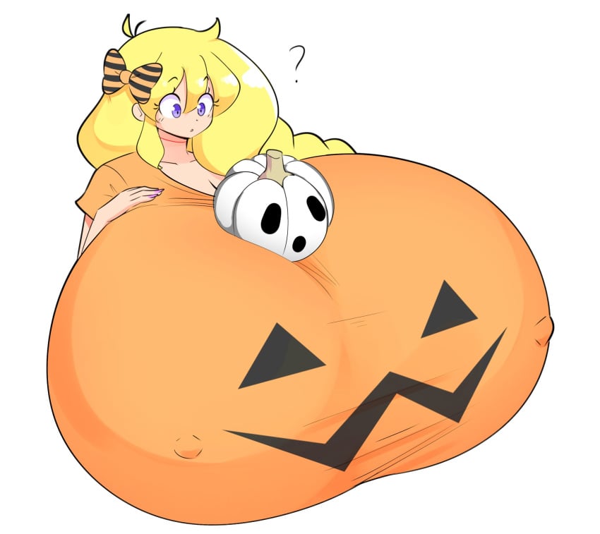 1girls 2021 ? big_breasts blonde_hair breasts cassie_(theycallhimcake) female female_focus halloween halloween_costume long_hair looking_down nipple_bulge pumpkin pumpkin_boobs simple_background solo solo_female solo_focus theycallhimcake top_heavy upper_body white_background