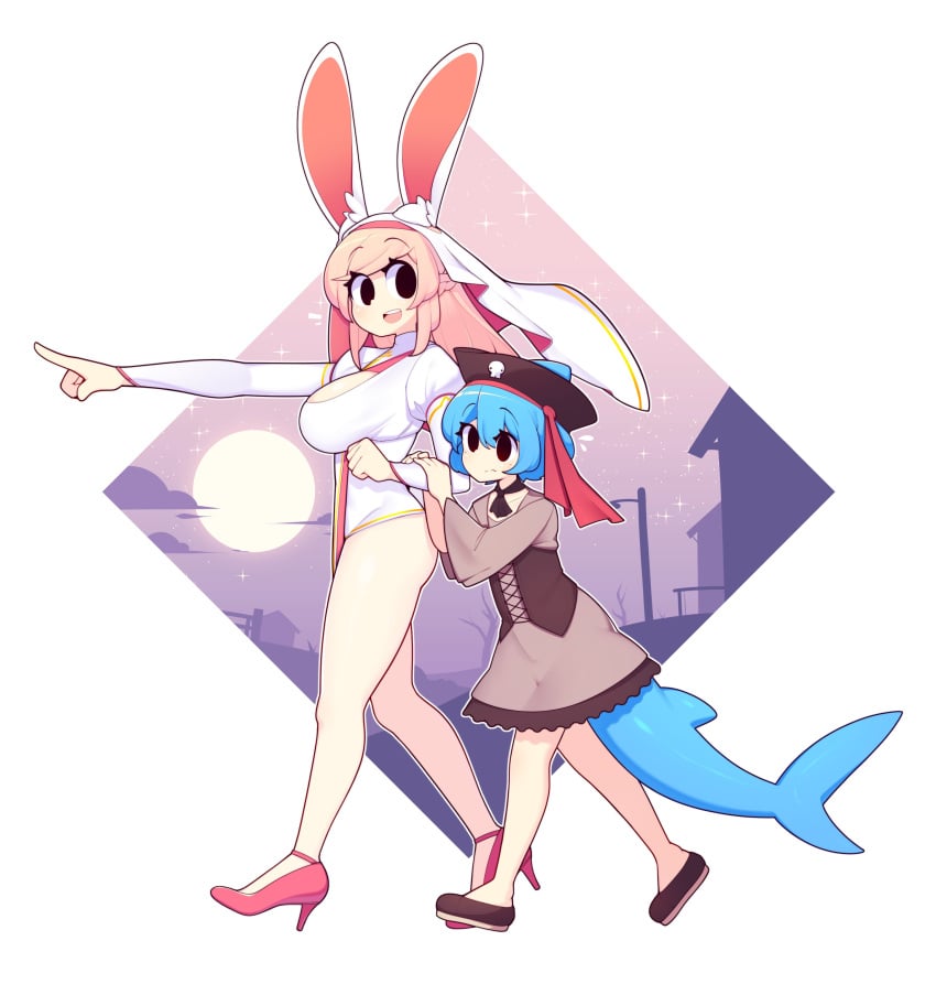 2girls ass big_breasts big_butt blue_hair boobs bunny_ears bunny_girl female female_only fiz fizintine halloween heels hips pink_hair shark_girl shark_tail smile tagme tail tori_(fizintine) white_background wholesome