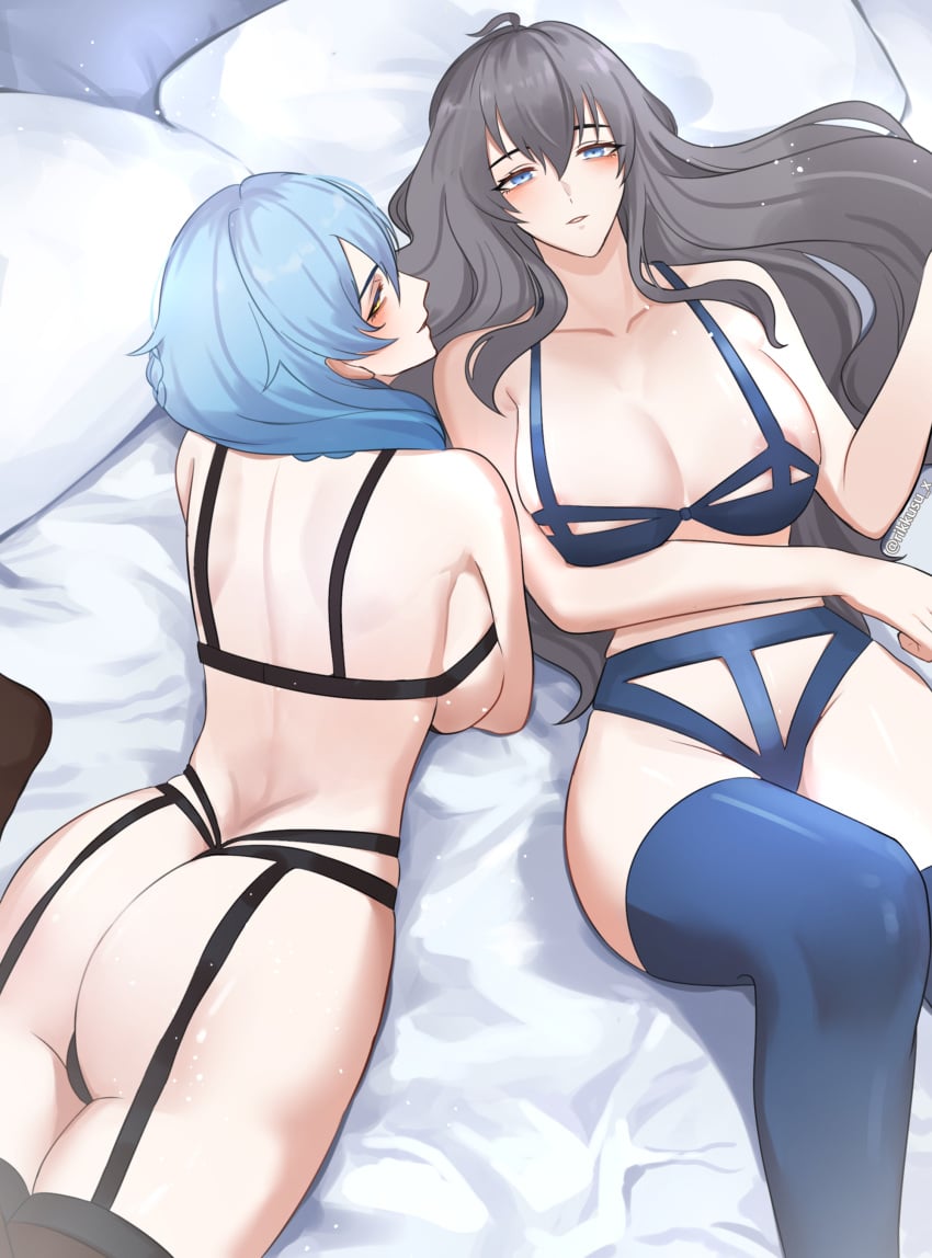 2girls ass bed big_breasts black_hair blue_eyes blue_hair cleavage female female_focus female_only indie_virtual_youtuber izanami_kamiko large_breasts light-skinned_female light_skin lingerie lingerie_only long_hair looking_at_viewer looking_back lying_down lying_on_back lying_on_bed lying_on_stomach milkievt multiple_girls nipple_slip nipples pillow revealing_clothes rikkusu_x seductive seductive_pose twitch virtual_youtuber vtuber yellow_eyes