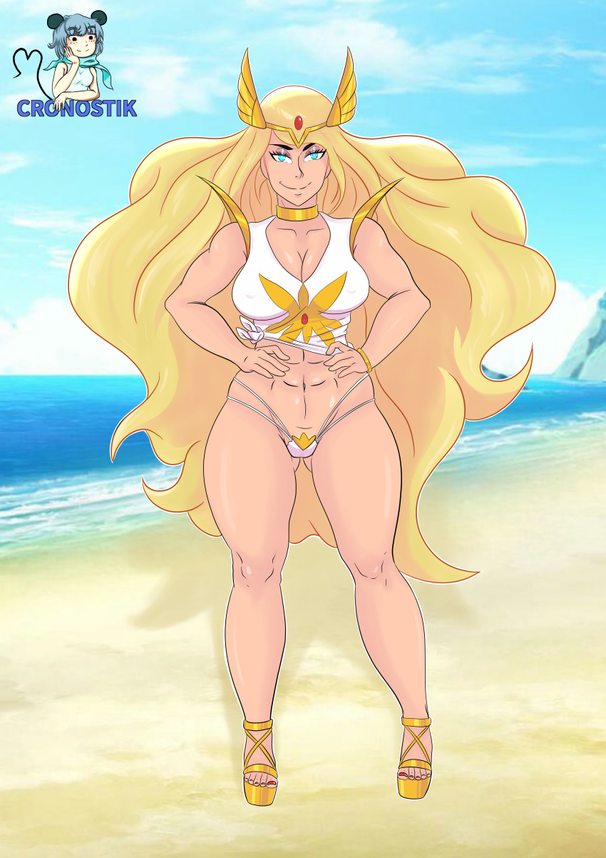 1girls 2020s 2021 abs absurd_res adora artist_name barely_clothed beach belly_button blonde_female blonde_hair blonde_pubic_hair blue_eyes blue_sky choker cleavage clouds collar cronostik eyebrow_raise eyeshadow female female_only gold_choker gold_collar gold_heels gold_high_heels gold_thong half-closed_eyes hand_on_own_stomach hand_on_stomach high_heels large_breasts light-skinned_female light_skin long_hair looking_at_viewer makeup muscles muscular muscular_female nail_polish ocean pauldrons presenting pubic_hair red_nail_polish red_nails sand sea seductive seductive_smile she-ra she-ra_and_the_princesses_of_power shirt sky smile smirk solo solo_female thick_thighs thong tiara two_tone_shirt two_tone_thong very_long_hair water watermark waves white_thong wide_hips