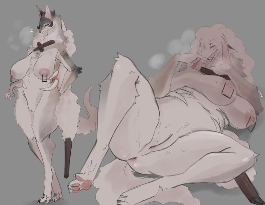 2022 absurd_res anthro anus ass big_breasts biped black_sclera breasts breath canid canine canis claws closed_eyes digital_media_(artwork) digitigrade female fur genitals grey_background grey_body grey_fur hi_res lvlirror lying mammal nipple_piercing nipples on_side pawpads piercing pink_pawpads pussy simple_background solo toe_claws white_body white_fur wide_hips wolf wolf_in_sheep's_clothing yellow_eyes