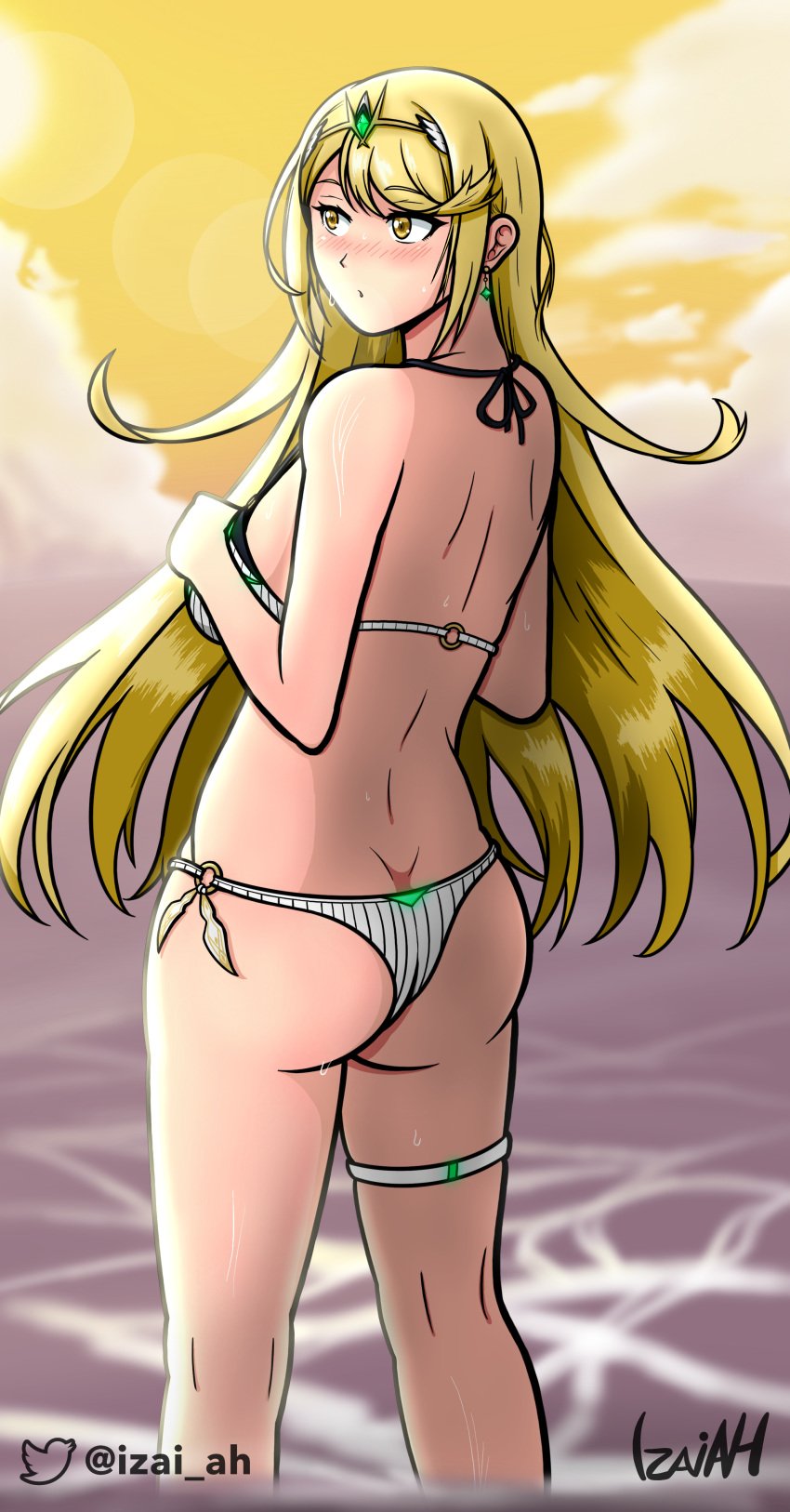 2022 ass beach bikini breasts embarrassed highres izai_ah izaiah_(artist) mythra nintendo sunset swimsuit thighs xenoblade_(series) xenoblade_chronicles_2