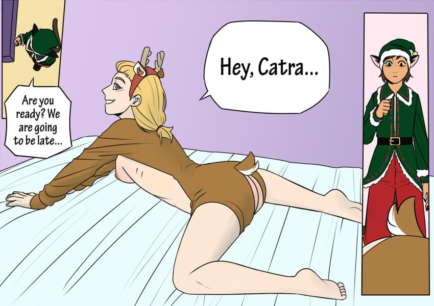 2020s 2021 2girls adora all_fours areolae ass barely_clothed bed bell blonde_female blonde_hair blue_eyes blush breasts brown_hair canon_couple cat_ears catgirl catra christmas christmas_outfit claws coat comic costume dark-skinned_female dark_skin dialogue duo elf_costume elf_hat english_text female female_only green_coat human humanoid imminent_sex light-skinned_female light_skin looking_at_each_other looking_at_partner looking_back looking_down medium_breasts multiple_girls nipples nubeinvernal on_all_fours on_bed pants red_pants reindeer_antlers reindeer_costume reindeer_ears reindeer_tail seductive seductive_smile she-ra_and_the_princesses_of_power sideboob speech_bubble spread_legs spreading surprised text thick_thighs yellow_eyes yuri