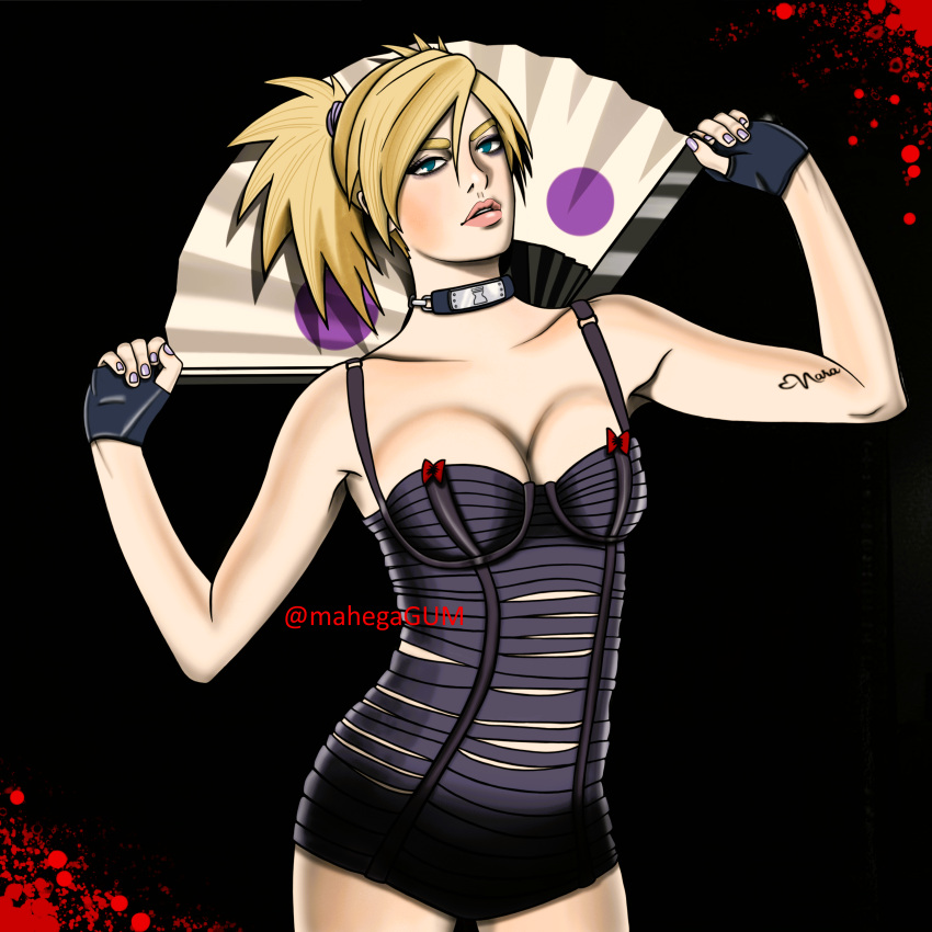 1girls blonde_hair blood blood_splatter bottomless breasts choker cleavage fan female female_only fingerless_gloves folding_fan gloves holding_object lipstick long_hair mahegagum makeup naruto naruto:_the_last naruto_(series) naruto_shippuden panties partially_clothed revealing_clothes solo solo_female solo_focus sunagakure_symbol tank_top temari tied_hair twintails