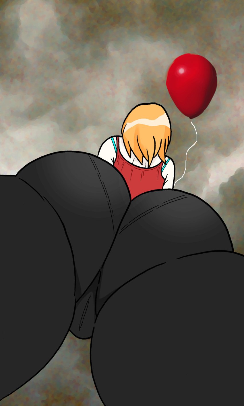 ass ass_focus balloon blue_bra bra cloud cloudy_sky clown from_below halloween highres huge_ass it_(stephen_king) non-web_source orange_hair pale_skin panties pantyhose pantylines pennywise pussy rule_63 self_upload shiny shiny_hair sky solo tank_top underwear