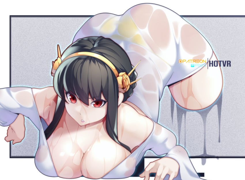 1girls ass assassin bare_shoulders big_breasts black_hair breast_press breasts breasts_on_floor cleavage clothed clothed_female dress female female_focus female_human female_only ghost ghost_girl gold_hairband hairband hotvr human large_breasts light-skinned_female light_skin looking_at_viewer mature_female pale-skinned_female panties panties_visible_through_clothing parody parted_lips patreon_username pixiv_username red_eyes screen simple_background solo solo_focus spy_x_family tagme teeth the_ring thick_thighs thorn_princess underwear wet wet_body wet_clothes wet_dress white_background white_dress white_panties yamamura_sadako_(cosplay) yor_briar yor_forger