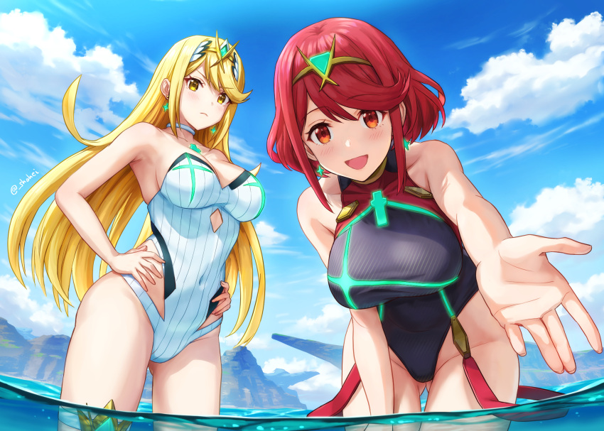 bangs bare_shoulders black_one-piece_swimsuit blonde_hair blush breasts chest_jewel cleavage competition_swimsuit core_crystal covered_navel earrings highleg highleg_swimsuit highres jewelry large_breasts long_blonde_hair long_hair looking_at_viewer mythra nintendo one-piece_swimsuit open_mouth pyra red_eyes red_hair red_one-piece_swimsuit short_hair short_red_hair shouhei smile striped striped_one-piece_swimsuit swept_bangs swimsuit thighs tiara two-tone_swimsuit vertical-striped_swimsuit vertical_stripes white_one-piece_swimsuit xenoblade_(series) xenoblade_chronicles_2 yellow_eyes