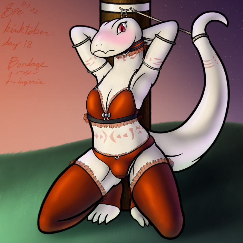 1:1 1girls 2022 4_toes absurd_res albino anthro arm_tattoo arms_tied belly_tattoo big_tail blush bondage bound bow_(feature) bow_bra bow_panties bra clothed clothing collar crusch_lulu cute_fangs dated detailed_background detailed_eyes digital_drawing_(artwork) digital_media_(artwork) digitigrade english_text eyelashes feet female flat_chested frilly frilly_bra frilly_clothing frilly_collar frilly_panties frilly_stockings frilly_underwear front_view fully_clothed grass hands_behind_head hi_res hill kinktober kneeling lace_bra lace_panties leg_tattoo legwear light lighting lingerie lizard lizardman_(overlord) long_tail looking_at_viewer membrane_(anatomy) neck_tattoo orange_tattoo outside overlord_(maruyama) page_18 panties plant post pupils raised_arm raised_arms raised_tail red_bra red_clothing red_eyes red_legwear red_lingerie red_panties red_stockings red_underwear reptile restraints rope rope_bondage scales scalie shaded shadow signature sky slit_pupils snout soft_shading solo spe star starry_sky stockings submissive submissive_anthro submissive_female sunset tail tail_dimple tail_tattoo tail_tied tapering_tail tattoo text thick_tail thick_thighs thigh_tattoo toes tribal tribal_tattoo underwear webbed_feet white_body white_scales wide_hips