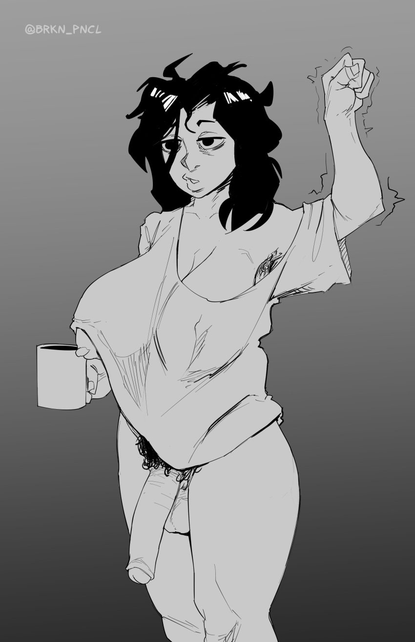 1futa 2021 armpit_hair balls big_breasts big_penis black_hair bottomless breasts brkn_pncl clothed clothing flaccid futa_only futanari human long_hair messy_hair monochrome partially_clothed penis pubic_hair sketch solo standing tagme